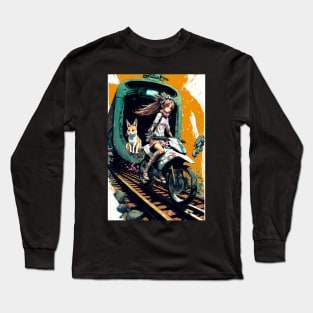 Japanese anime girl riding a bike on the train track Long Sleeve T-Shirt